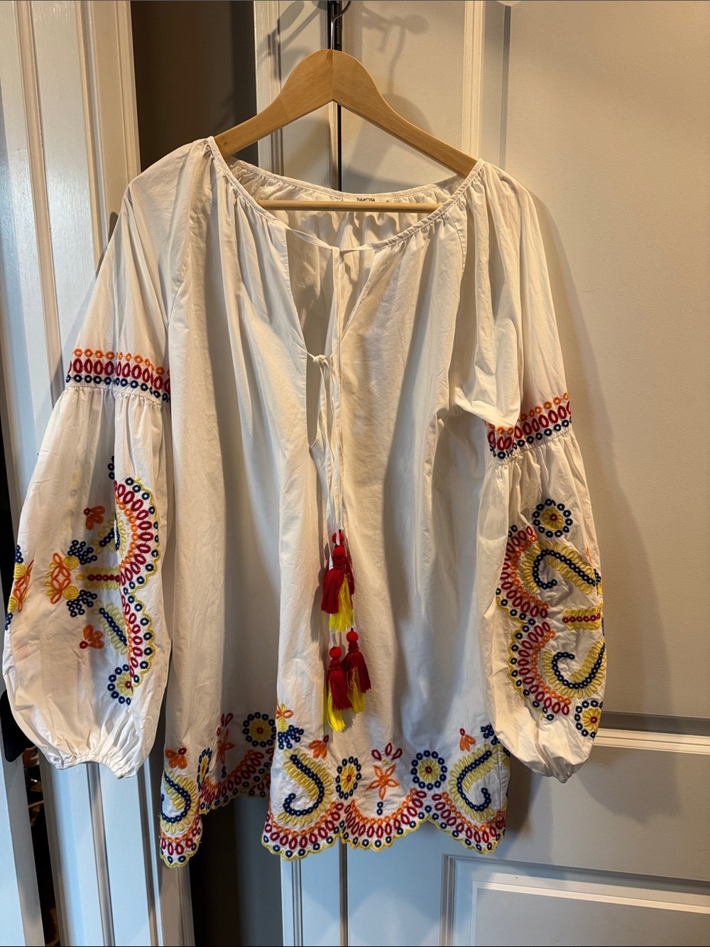 Tularosa Embroidered White Peasant Mini Dress with Tassels